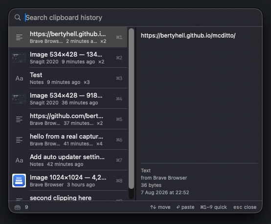 The Ditto history popup open over a browser, showing five clipboard entries with a search field and a preview pane on the right.